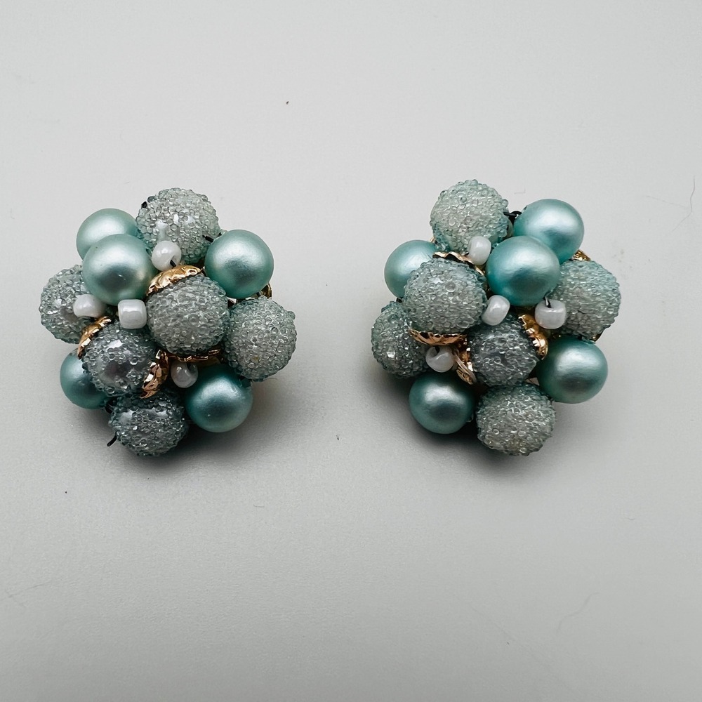 Vintage Blue Earrings Faux Pearl Sugar Bead Cluster Clip On Gold Tone